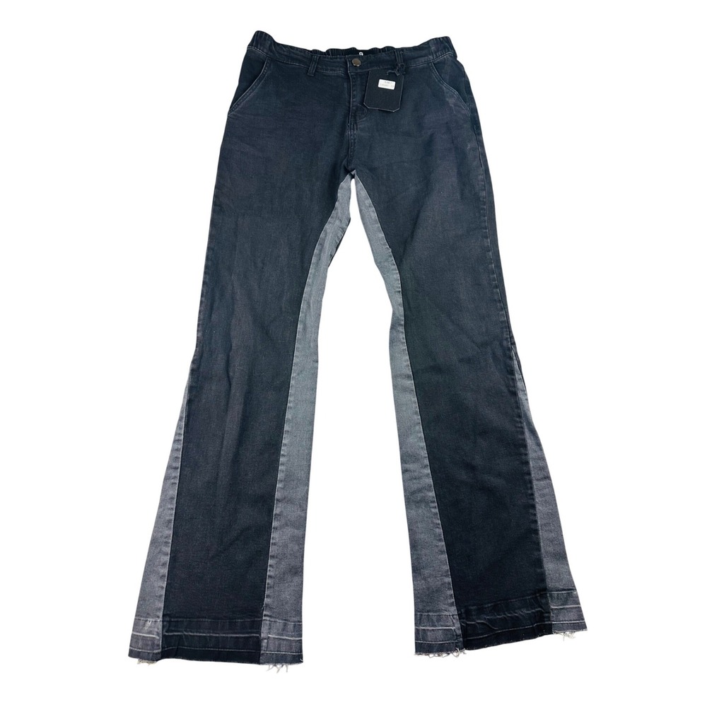 Gingtto Jeans Men 34 Black Flare Denim Patchwork Two Tone Colorblock Streetwear‎